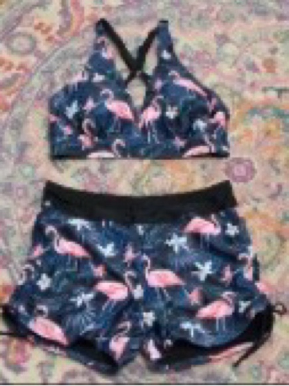 Flamingo Print Swim Top & Shorts Set - Navy with Pink Flamingos
